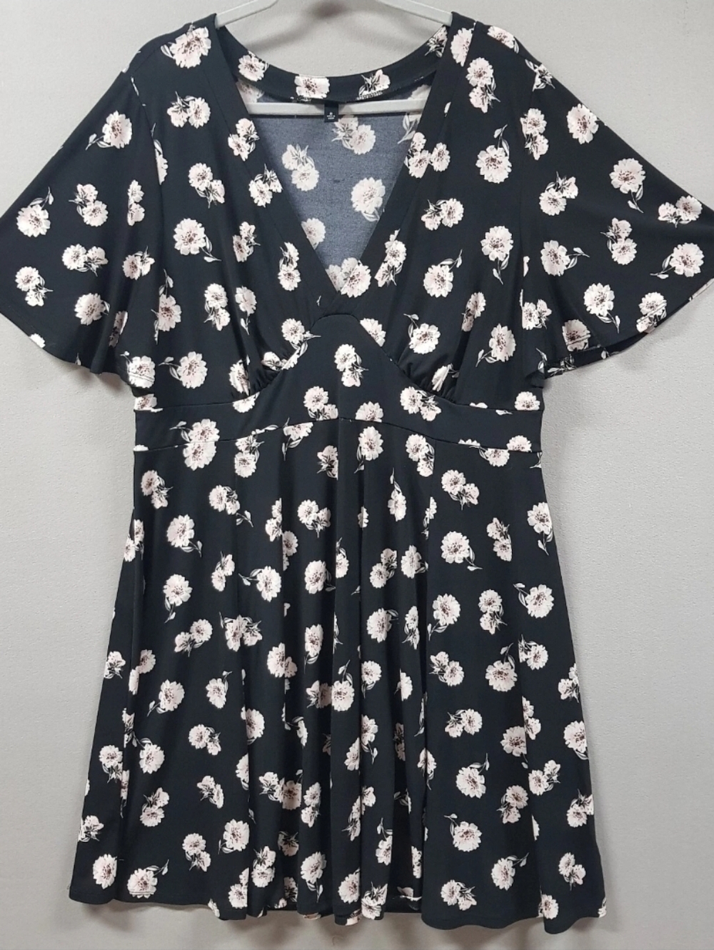Black Floral V-Neck Fit & Flare Dress with Pale Pink Blooms